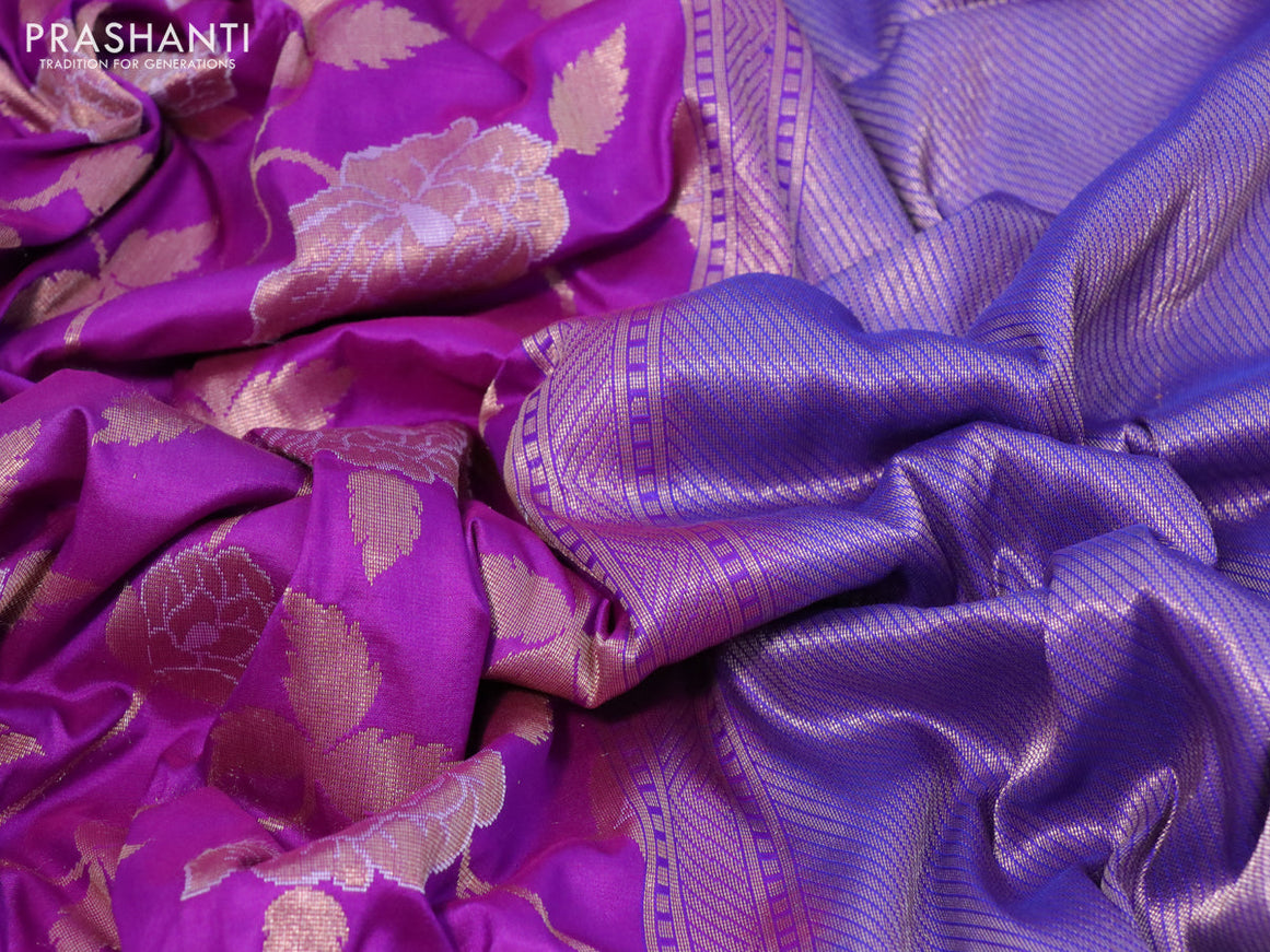 Pure banarasi uppada silk saree purple and blue with allover floral zari weaves and zari woven border