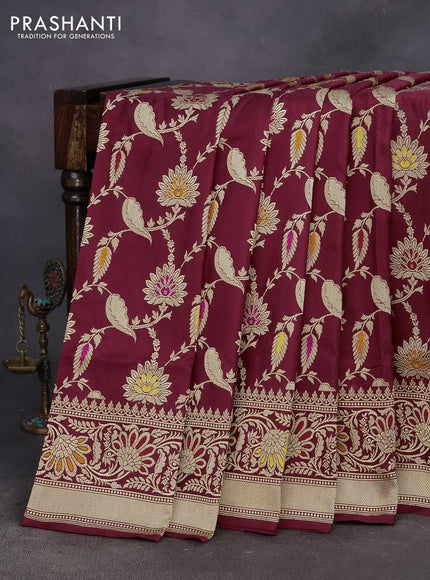 Pure banarasi uppada silk saree maroon with allover floral zari weaves and zari woven border