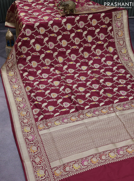 Pure banarasi uppada silk saree maroon with allover floral zari weaves and zari woven border