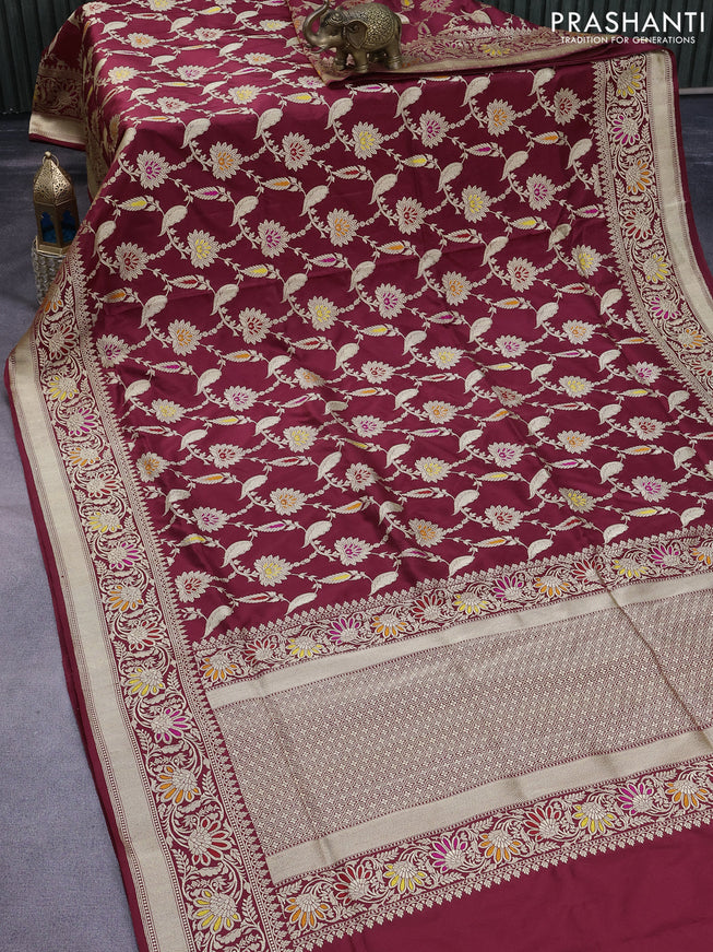 Pure banarasi uppada silk saree maroon with allover floral zari weaves and zari woven border