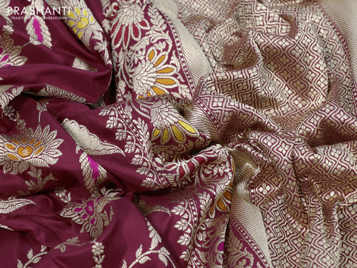 Pure banarasi uppada silk saree maroon with allover floral zari weaves and zari woven border