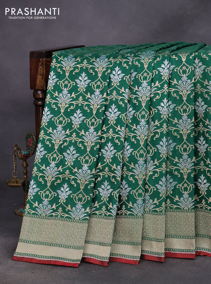 Pure banarasi uppada silk saree green and maroon with allover silver & gold zari weaves and zari woven border