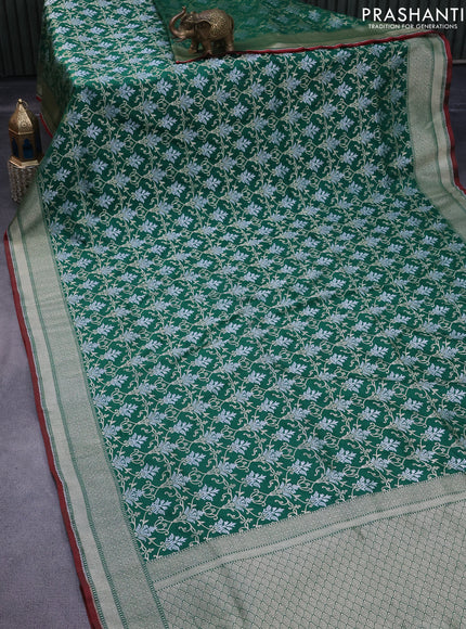 Pure banarasi uppada silk saree green and maroon with allover silver & gold zari weaves and zari woven border