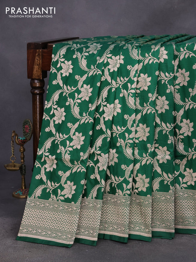 Pure banarasi uppada silk saree green with allover silver zari floral weaves and zari woven border