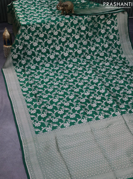 Pure banarasi uppada silk saree green with allover silver zari floral weaves and zari woven border