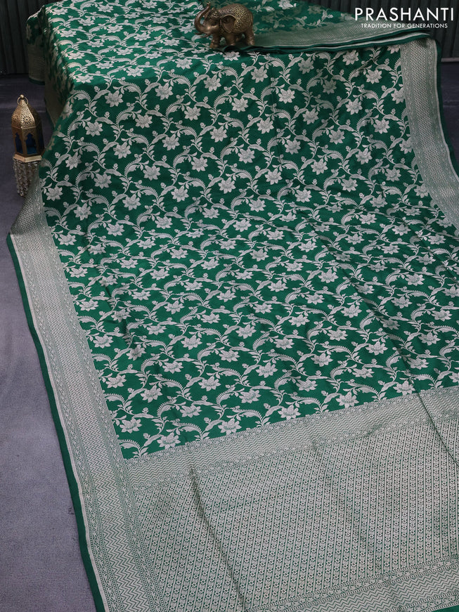 Pure banarasi uppada silk saree green with allover silver zari floral weaves and zari woven border