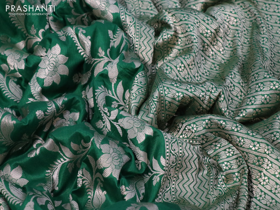 Pure banarasi uppada silk saree green with allover silver zari floral weaves and zari woven border