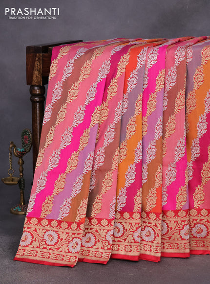 Pure banarasi uppada silk saree multi colour and red with allover silver & gold zari weaves and zari woven border