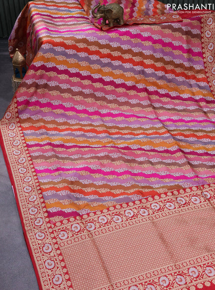 Pure banarasi uppada silk saree multi colour and red with allover silver & gold zari weaves and zari woven border