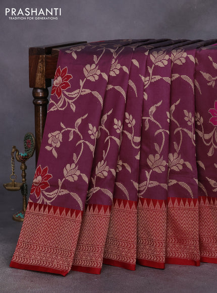 Pure banarasi uppada silk saree wine shade and red with allover thread & zari woven floral weaves and zari woven border