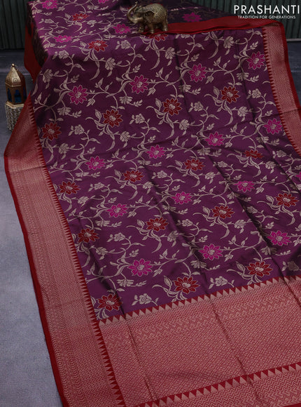 Pure banarasi uppada silk saree wine shade and red with allover thread & zari woven floral weaves and zari woven border