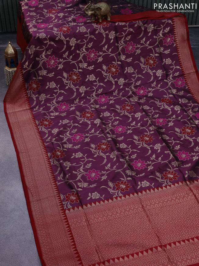 Pure banarasi uppada silk saree wine shade and red with allover thread & zari woven floral weaves and zari woven border