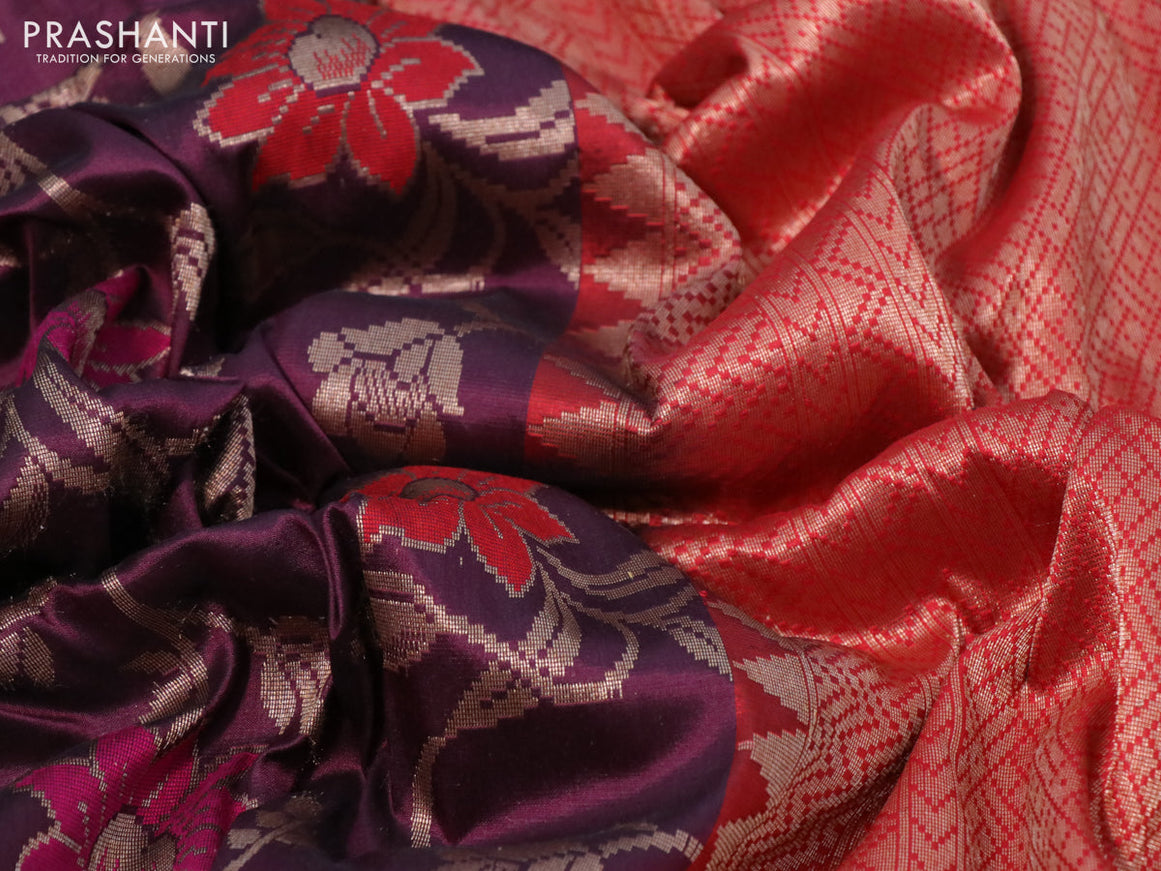 Pure banarasi uppada silk saree wine shade and red with allover thread & zari woven floral weaves and zari woven border