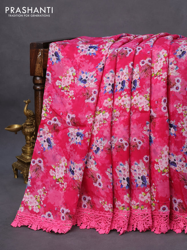 Organza silk saree pink with allover floral prints and crocia lace border