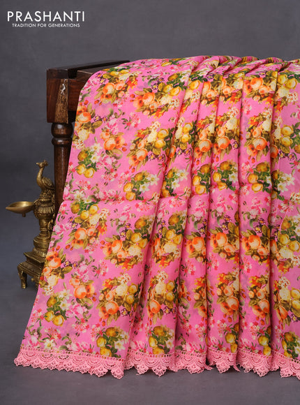 Organza silk saree pink with allover floral prints and crocia lace border