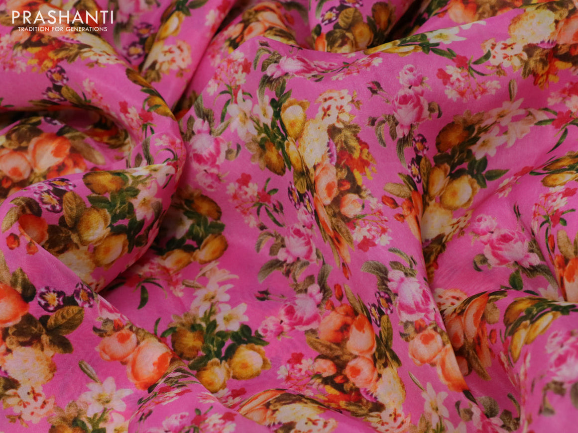 Organza silk saree pink with allover floral prints and crocia lace border