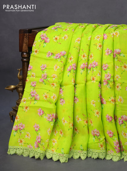 Organza silk saree fluorescent green with allover floral prints and crocia lace border