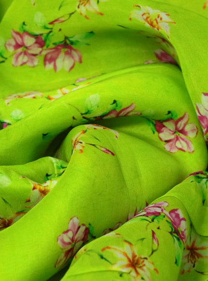 Organza silk saree fluorescent green with allover floral prints and crocia lace border