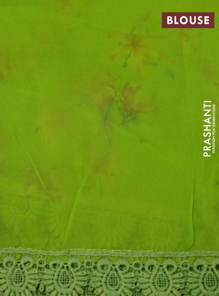 Organza silk saree fluorescent green with allover floral prints and crocia lace border