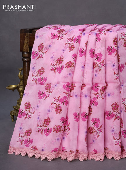 Organza silk saree pink with allover floral prints and crocia lace border