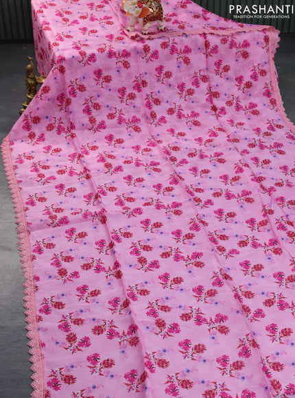 Organza silk saree pink with allover floral prints and crocia lace border