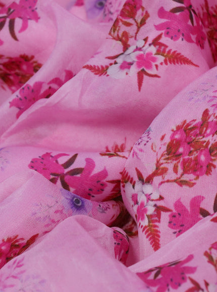 Organza silk saree pink with allover floral prints and crocia lace border