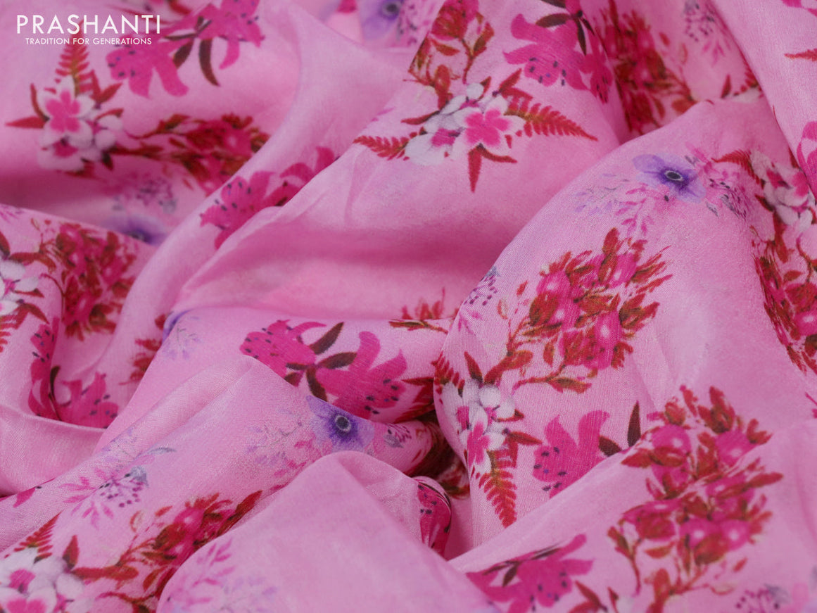 Organza silk saree pink with allover floral prints and crocia lace border