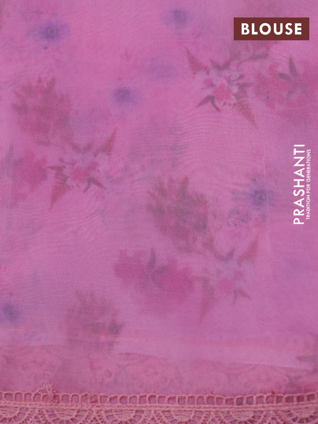 Organza silk saree pink with allover floral prints and crocia lace border