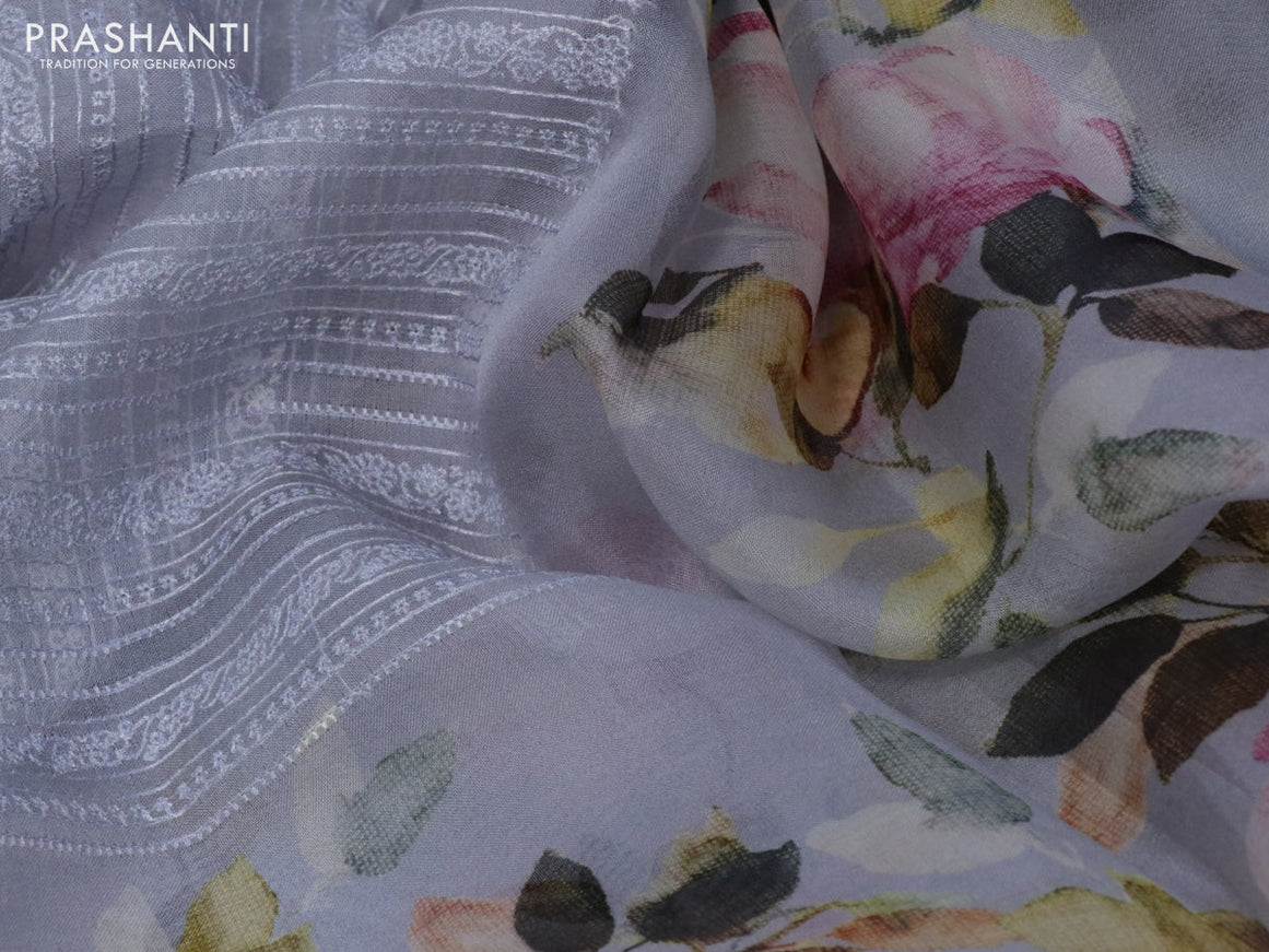 Pure organza partly silk saree grey with allover thread weaves and floral printed embroidery work border