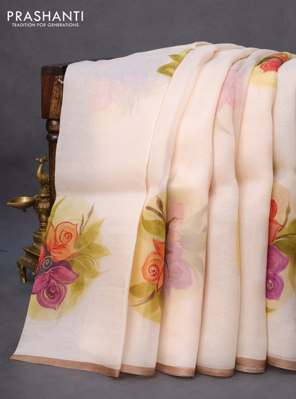 Pure organza silk saree cream and pastel brown with digital butta prints and piping border