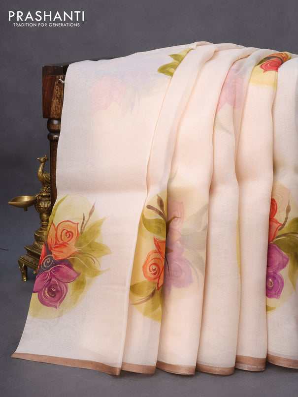 Pure organza silk saree cream and pastel brown with digital butta prints and piping border