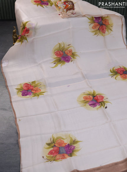 Pure organza silk saree cream and pastel brown with digital butta prints and piping border