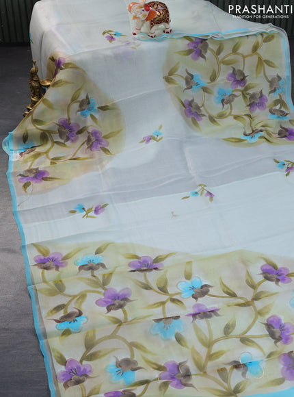 Pure organza silk saree pastel blue and light blue with butta prints and digital printed border