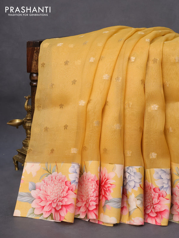 Pure organza silk saree mustard yellow and yellow with zari woven buttas and floral digital printed border