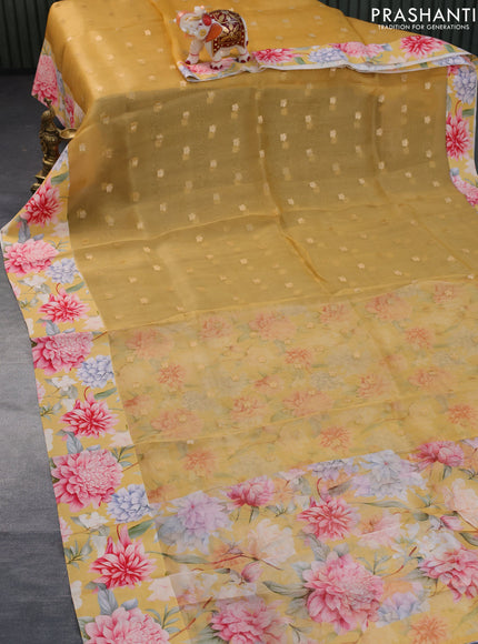 Pure organza silk saree mustard yellow and yellow with zari woven buttas and floral digital printed border