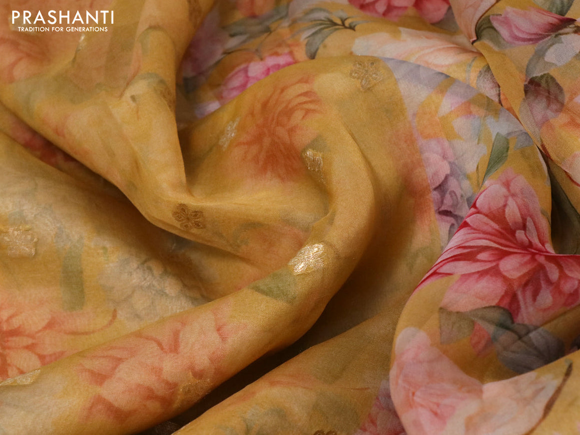 Pure organza silk saree mustard yellow and yellow with zari woven buttas and floral digital printed border