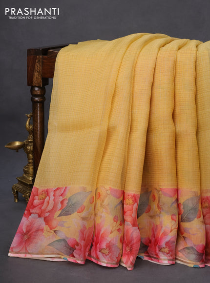 Pure organza silk saree yellow with allover small zari checked pattern and floral digital printed border