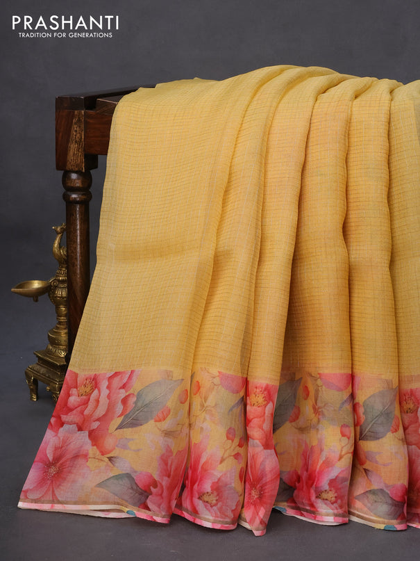 Pure organza silk saree yellow with allover small zari checked pattern and floral digital printed border