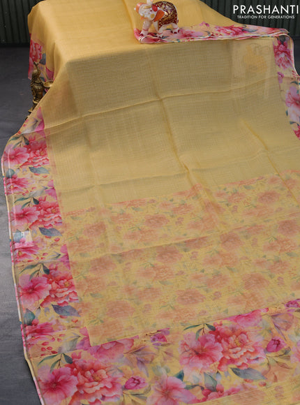 Pure organza silk saree yellow with allover small zari checked pattern and floral digital printed border