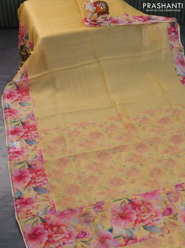 Pure organza silk saree yellow with allover small zari checked pattern and floral digital printed border