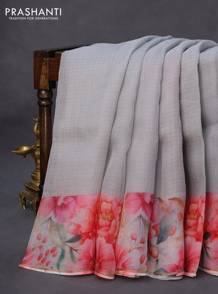 Pure organza silk saree grey with allover small zari checked pattern and floral digital printed border