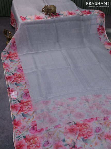 Pure organza silk saree grey with allover small zari checked pattern and floral digital printed border