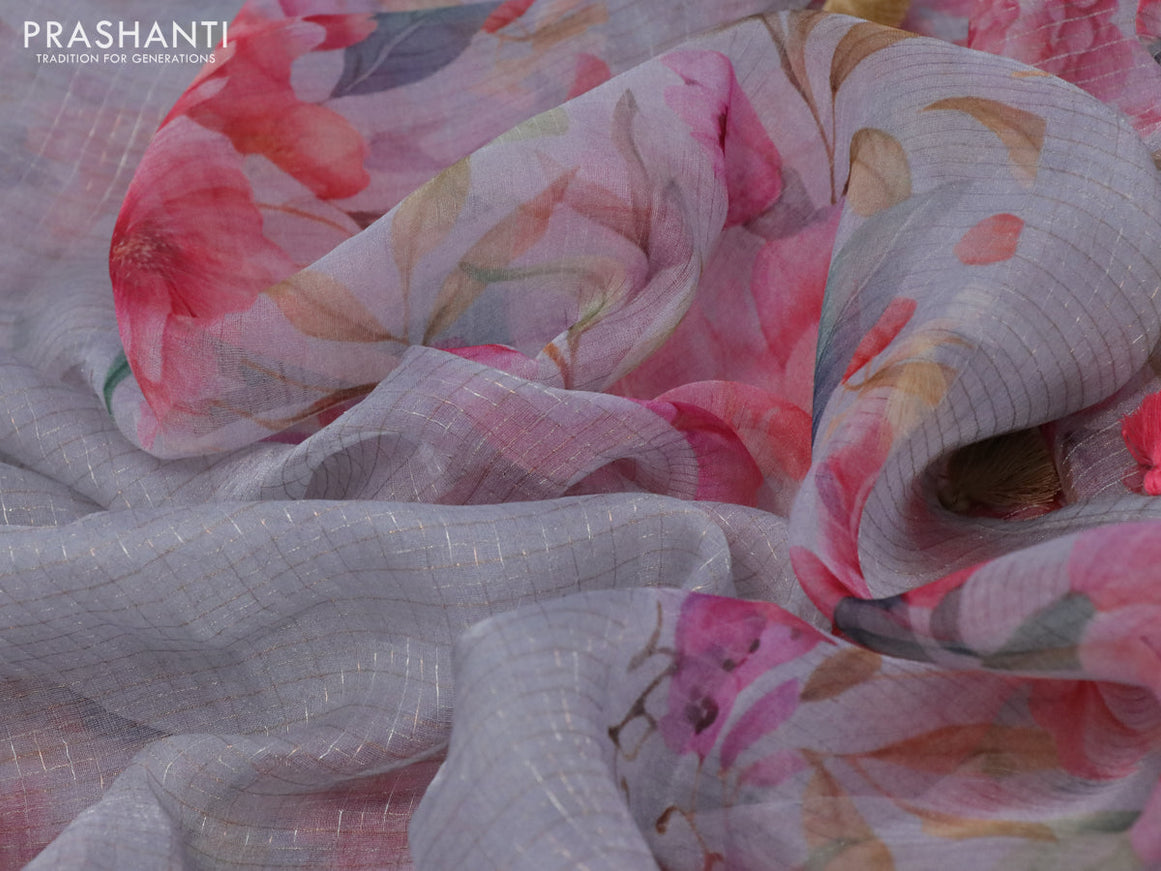 Pure organza silk saree grey with allover small zari checked pattern and floral digital printed border