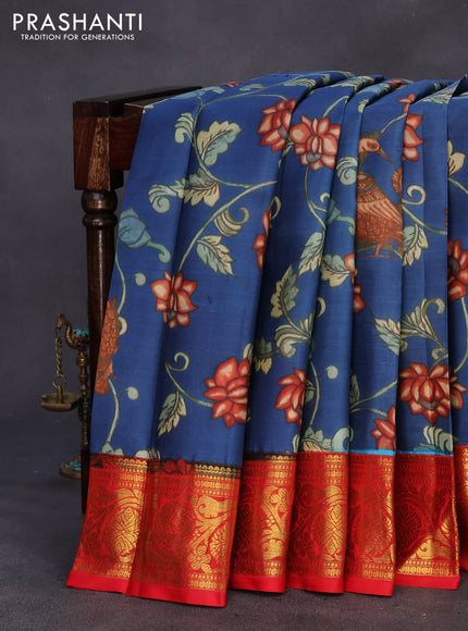 Pure kanchipuram silk saree blue and red with allover kalamkari digital prints and zari woven border