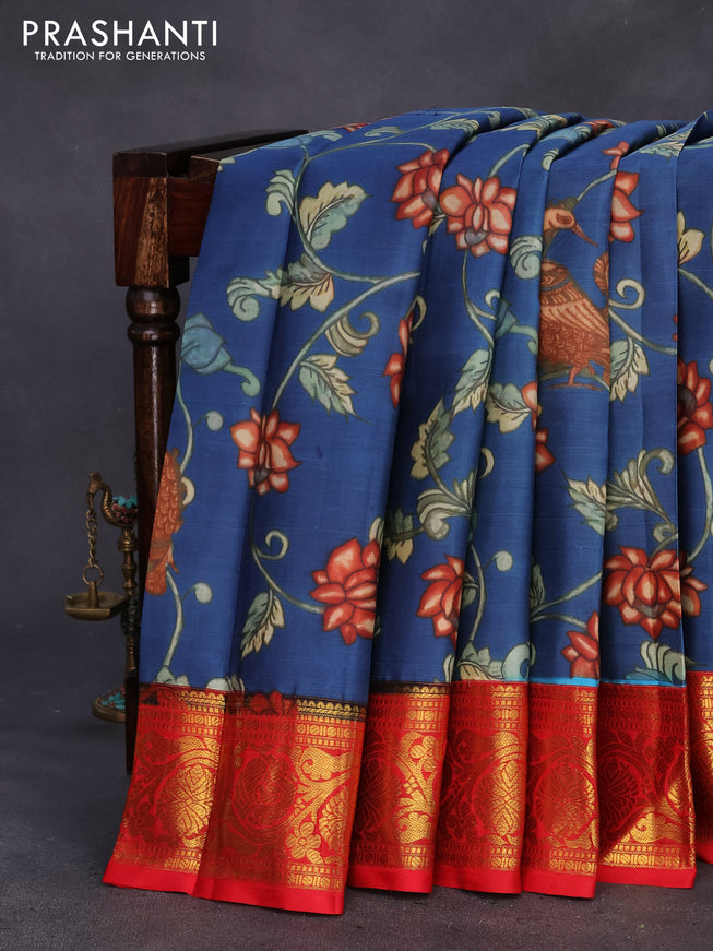 Pure kanchipuram silk saree blue and red with allover kalamkari digital prints and zari woven border