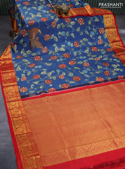 Pure kanchipuram silk saree blue and red with allover kalamkari digital prints and zari woven border