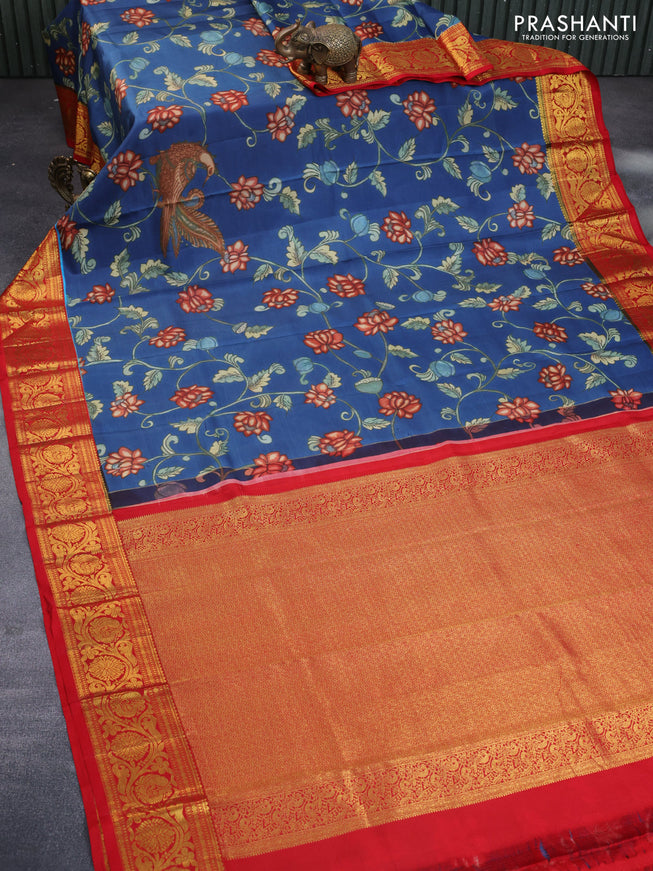 Pure kanchipuram silk saree blue and red with allover kalamkari digital prints and zari woven border