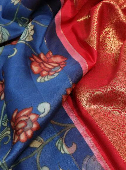 Pure kanchipuram silk saree blue and red with allover kalamkari digital prints and zari woven border