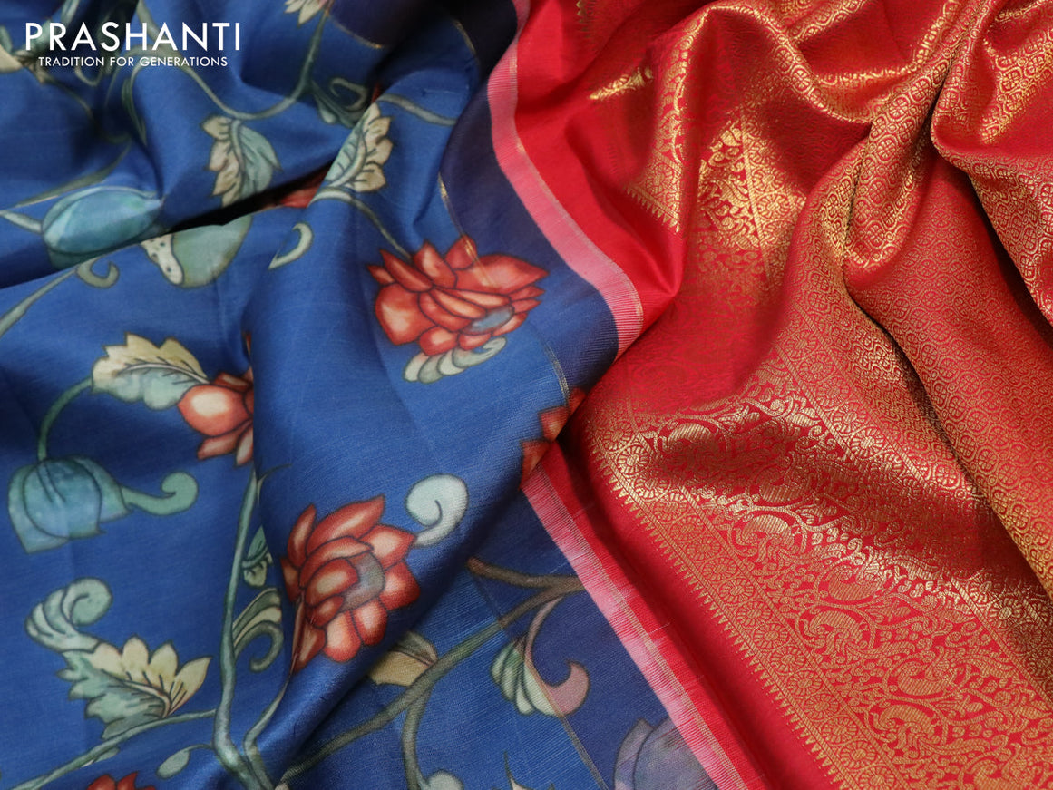 Pure kanchipuram silk saree blue and red with allover kalamkari digital prints and zari woven border