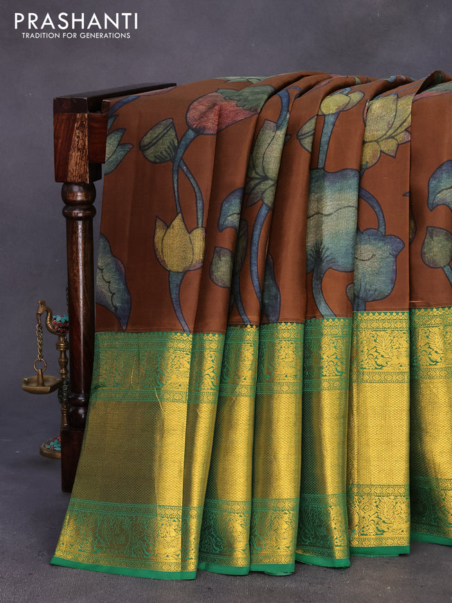 Pure kanchipuram silk saree brown and green with allover digital prints and long zari woven border